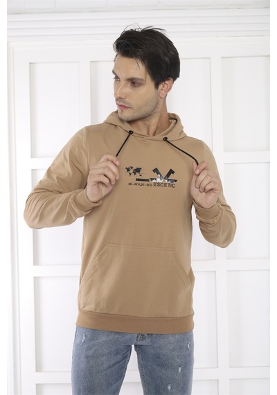 Escetic Spor Erkek Koyu Vizon Cepli, Kapüşonlu Sweatshirt-4177