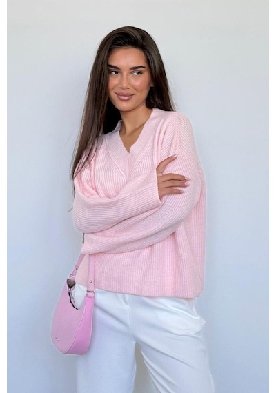 Madmext Pembe V Yaka Triko Kadın Kazak Mg2501 Pembe
