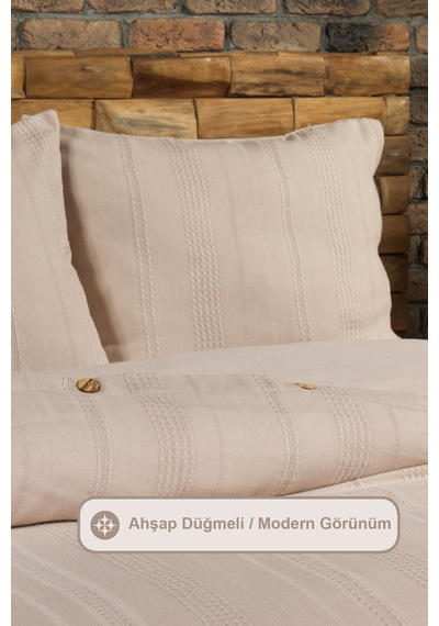 Elart Tiara Nevresim Takımı Tek Kişilik Lastikli Çarşaf %100 Pamuk Ranforce Ahşap Düğmeli 160x220 Cm Bej Bej