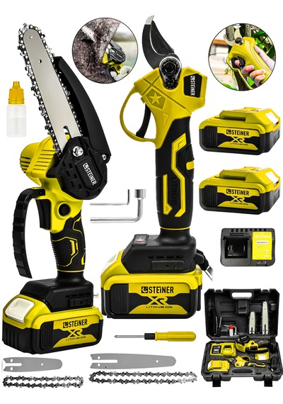 Steiner 18v Çift Akülü Çelik Şanzıman 35mm Dal Budama Makası & 15cm Budama Testeresi 2 Li Set Sarı