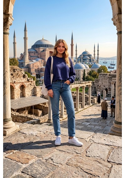 Luxıc Core Kadın Crop Bisiklet Yaka Sweatshirt Pamuklu Yumuşak Dokulu Günlük Spor Sweatshirt Mavi