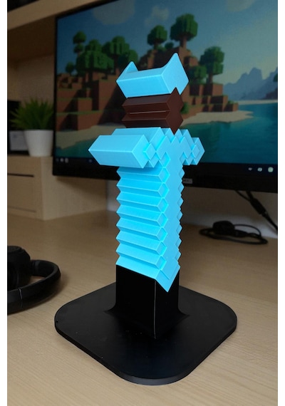 Minecraft Elmas Silah Temalı 3d Baskı Kulaklık Standı Oyuncu Masa Aksesuarı