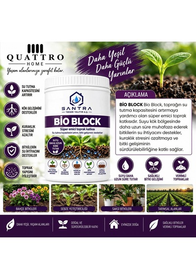 Quattro Home Bio Block Süper Emici Toprak Katkısı 5kg Su Tutucu, Kök Gelişimini Destekleyen Bahçe, Saksı Ve Tarım Toprağı Düzenleyici 1 KG