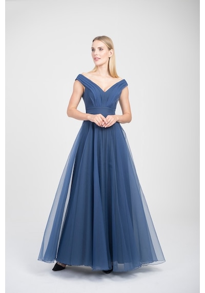 Doridorca Kadın V Yaka Abiye Elbise 5923038 Indigo Indigo