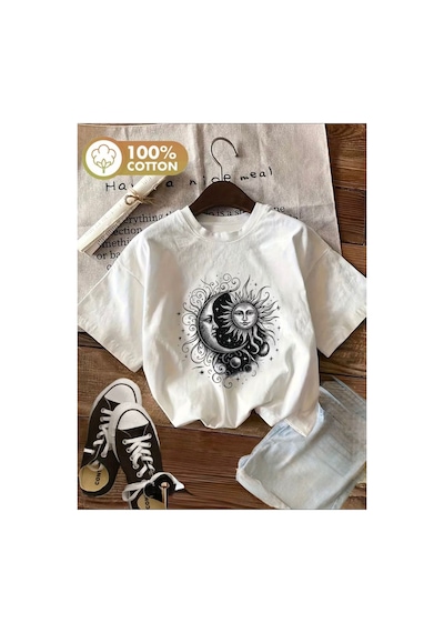 Herkesemoda Ay Güneş Baskı Detaylı Basic T-shirt Beyaz