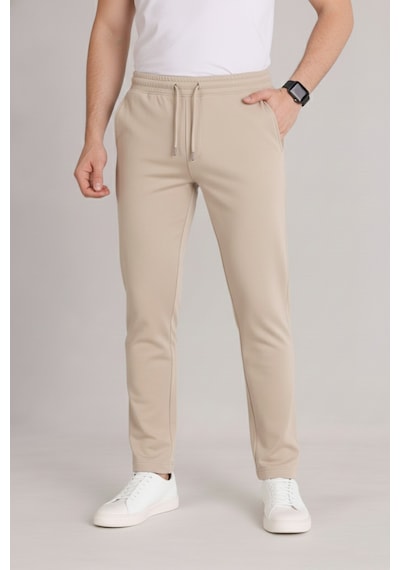 Bürke Erkek Bej Beli Lastikli Bağcıklı Duble Paça Jogger Pantolon