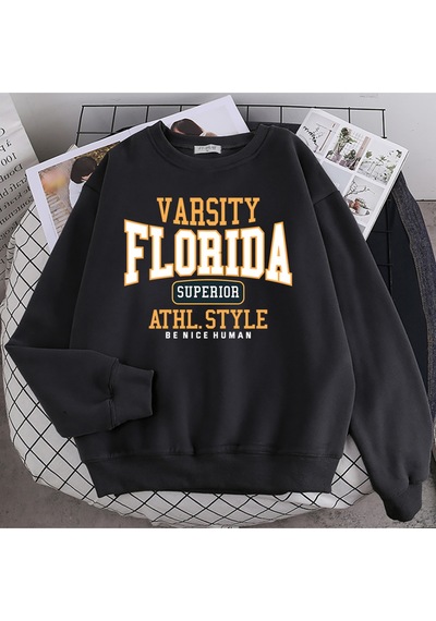 Startmore Startmoretrend Casual Kadın Kazak Florida Üstün Athl Tarzı Baskı Hoody Sıcak Damla Kollu Kazak Crewnec Siyah