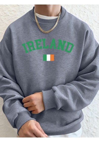 Startmore Startmoreirlanda Bayrağı Baskılı Erkek Sweatshirtleri Kışlık Bisiklet Yaka Kapüşonlu Sokak Stili Polar Gri