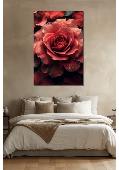 Gül Baskılı Cam Tablo Kırmızı Gül Yakın Plan Dekoratif Duvar Tablosu