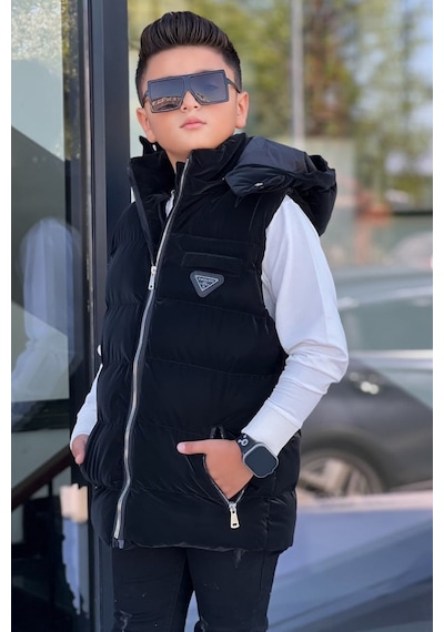 Pina Kids Erkek Çocuk Çıtçıt Kapüşonlu Nova Kumaş Şişme Yelek Ylk3026 Siyah