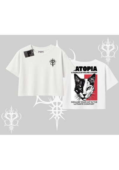 Tarzsokak Modern Kedi Temalı Arka Baskılı Oversize Crop Tshirt Beyaz