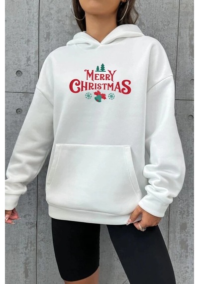 Primemagazam Yılbaşı Merry Christmas Baskılı Oversize Kapüşonlu Sweatshirt Hoodie - Beyaz Çeşitli