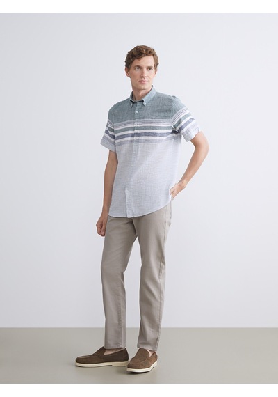 Lcwaıkıkı Classic Yeşil Regular Fit Kısa Kollu Çizgili Armürlü Erkek Gömlek