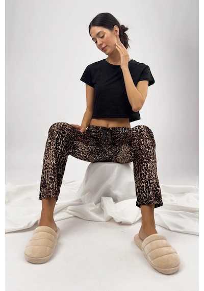 Kadın Kadife Pijama Altı Eşofman Pamuklu Leopar