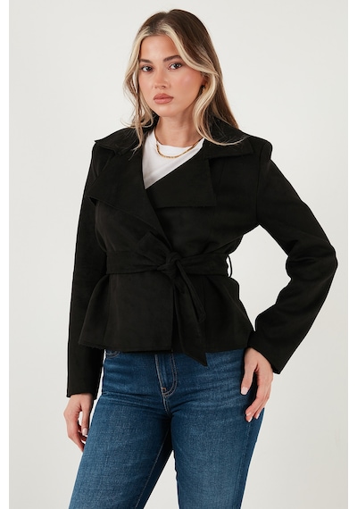 Lela Regular Fit Kruvaze Yaka Kuşaklı Süet Dokulu Bayan Ceket 6839640 Siyah