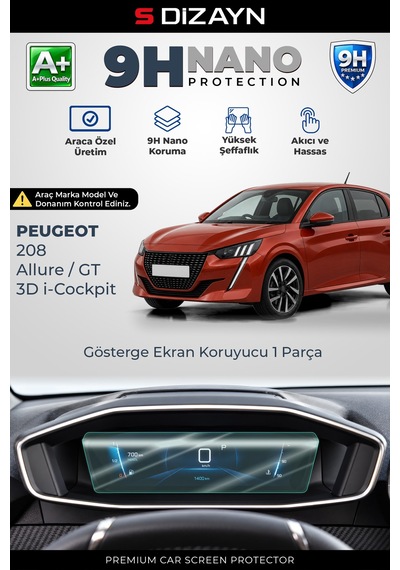 S-dizayn Peugeot 208 Allure / Gt 3d 9h Nano Gösterge Ekran Koruyucu Parlak 2019-2023 A+ Kalite