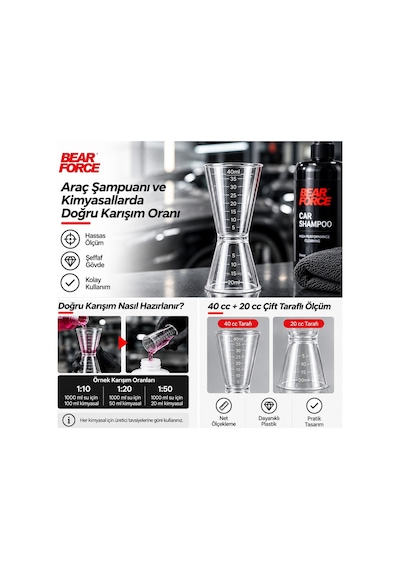 Robeve Bear Force 20 Ml + 40 Ml Çift Taraflı Ölçü Kabı Dereceli Şeffaf Kimyasal Dozaj Kabı, Araç Şampuanı Oto Yıkama Detailing Karışım Ve Sıvı Ölçüm Aparatı