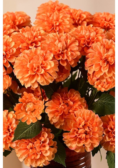 Turuncu Yapay Dahlia Yıldız Çiçeği 3 Dallı Lüx İpeksi Dokulu 75 Cm