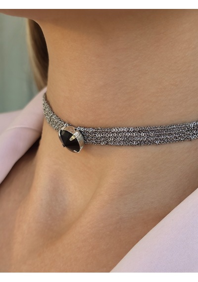 Kordon Zincir Örme Kristal Taşlı El Yapımı Choker Tasma Siyah Silver Renk Kolye