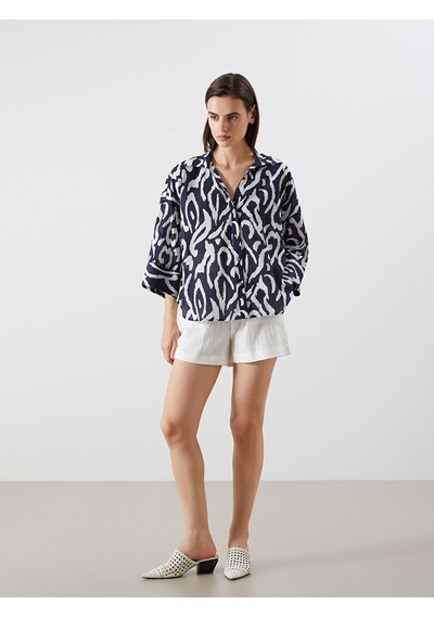 Lcw Vision Lacivert Desenli Oversize Kadın Gömlek