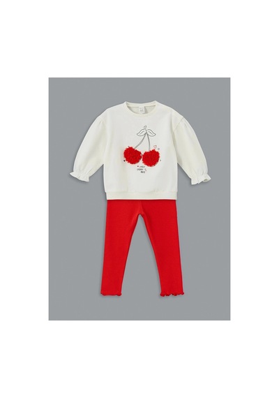 LC Waikiki Lcw Baby Ekru Bisiklet Yaka Kiraz Baskılı Kız Bebek Sweatshirt Ve Tayt 2'li Ecru