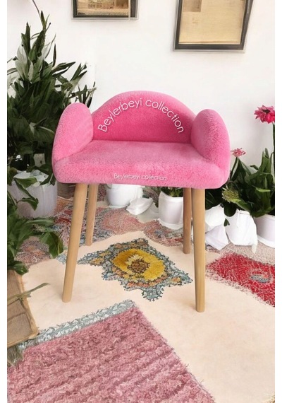 Makyaj Pufu, Pembe Renkli, Dekoratif Puf, Yüksek Ayaklı Puf, Mini Berjer Koltuk Pufu Pembe