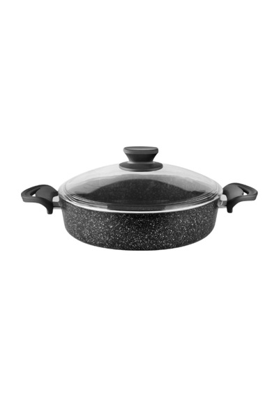 Diez 32 Cm Granit Basık Tencere Siyah Yapışmaz Karnıyarık & Pilav Tenceresi Cam Kapaklı