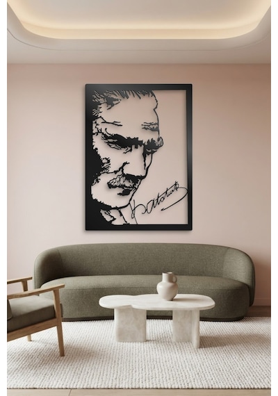 Atatürk Ve İmza Metal Duvar Tablosu - Duvar Sanatı - Duvar Dekoru - Siyah