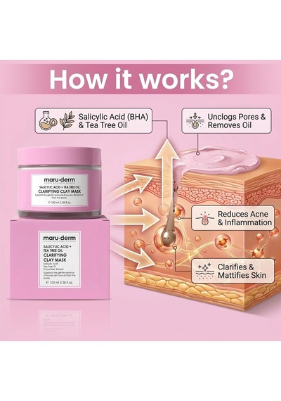 Maruderm Salisilik Asit + Çay Ağacı Yağı Kil Maskesi Siyah Nokta Ve Gözenek Görünümü Karşıtı Arındırıcı Vegan Yüz Maskesi, 100 Ml