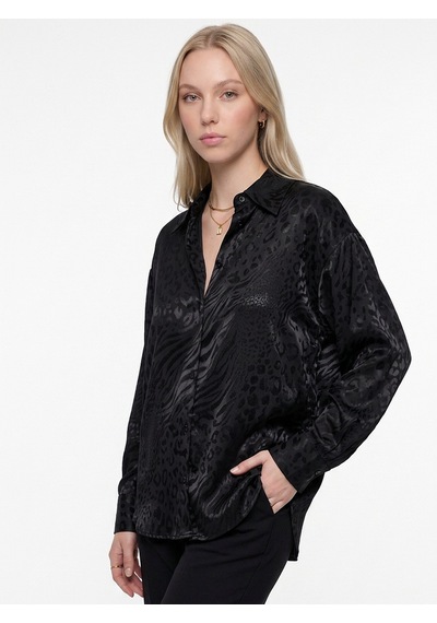Pera Moda Jakarlı Oversize Uzun Şık Kadın Gömlek Siyah