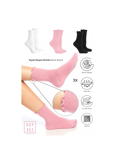 Saysez Bambu Kadın Lastiksiz Siyah-beyaz-pembe Fırfırlı Soket Dikişsiz Çorap 3'lü Paket / İz Bırakmaz / Sıkmayan Çorap Çok Renkli
