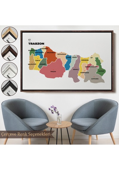 Çerçeveli Trabzon İli Ve İlçeler Haritası Dekoratif Kanvas Tablo-1470