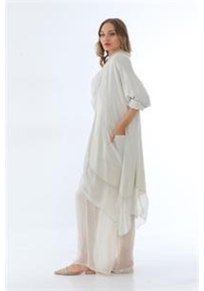 Italyan Ipek Detaylı Oversize Kap Bluz- Wes Pantolon Takım Krem