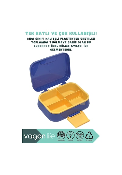 Bento 1030ml Lunchbox Tek Katlı 3 Bölmeli Pp Plastik Sefer Tası Yemek Kutusu Lacivert Çok Renkli