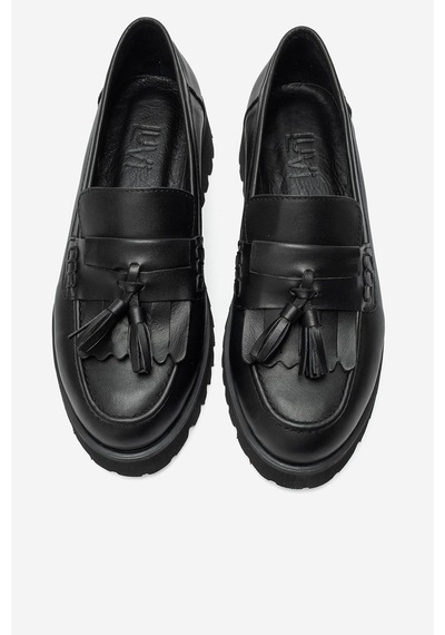 Luvi Shoes Poen Siyah Cilt Hakiki Deri Püsküllü Kadın Loafer Ayakkabı