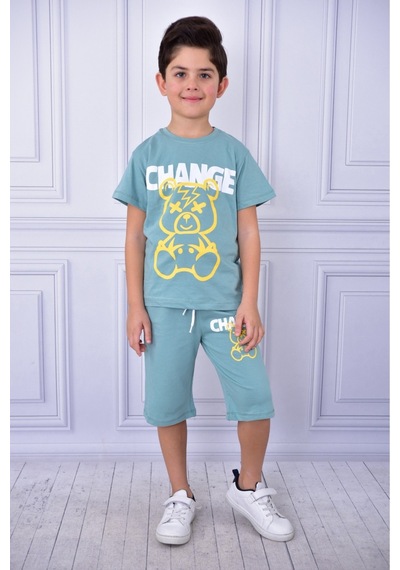 Veramoni Unisex Change Baskılı Çocuk Kısa Kol Yazlık Beli Lastikli Cepli Şort Alt Üst Takım Yeşil