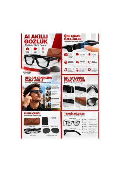 Ultra Aı Akıllı Gözlük 8mp Kamera, 1080p Full Hd Video, Bluetooth, Yapay Zekâ Asistanı Ve Anlık Çeviri Siyah