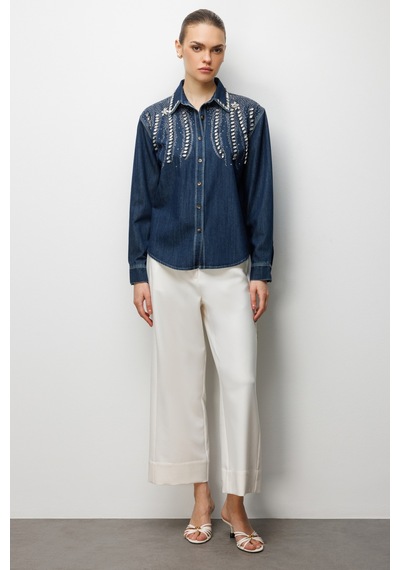 Ekol Taş İşlemeli Denim Görünümlü Kadın Gömlek 26y.ekl.gml.02910.1 İndigo
