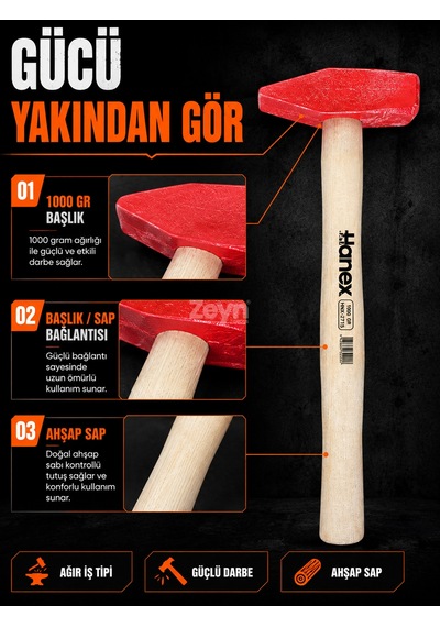 Byhanex Hnx-2715 Çekiç 1000 Gr 1 Kg Ahşap Saplı Ağır İş Çekici