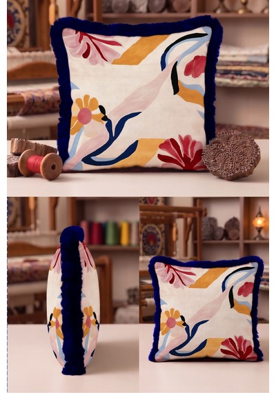 Soyut Çiçek Desenli Floral Saçaklı Yastık Kılıfı-sanatsal Boho Krem Lacivert Püsküllü Kırlent Kılıfı Haki