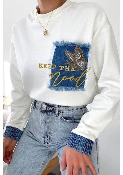 Femelle Kadın Beyaz Etek Ucu Ve Bilekleri Kot Detaylı Kelebek Taşlı Pamuk Sweatshirt