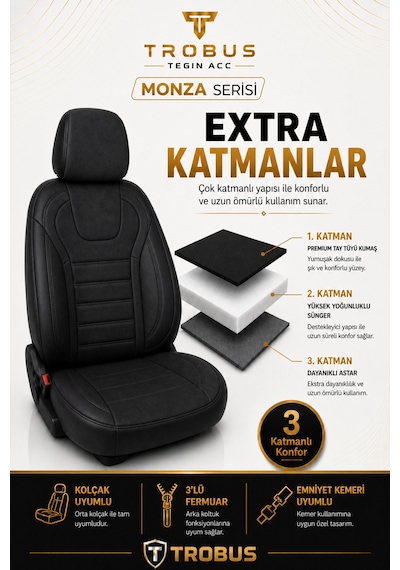 Volvo V40 2012-2019 Uyumlu Monza Serisi Siyah Oto Koltuk Kılıfı