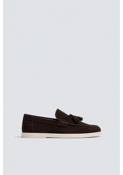 Püsküllü %100 Süet Loafer Kahve