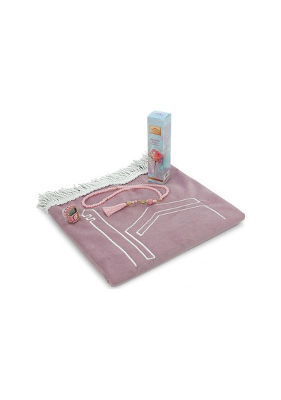 Anneler Gününe Özel - Kabe İşlemeli Lüks Kadife Seccade,zikirmatik,inci Tesbih,medine Gülü Parfüm 150 Ml - Kutulu Hediye Seti - Pembe