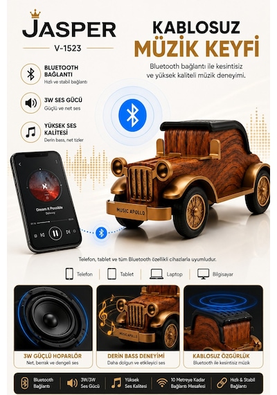 Jasper Jpr-1523 Dekoratif Bluetooth Hoparlör Telefon Standı Retro Klasik Araba Tasarım 3w 1200 Mah