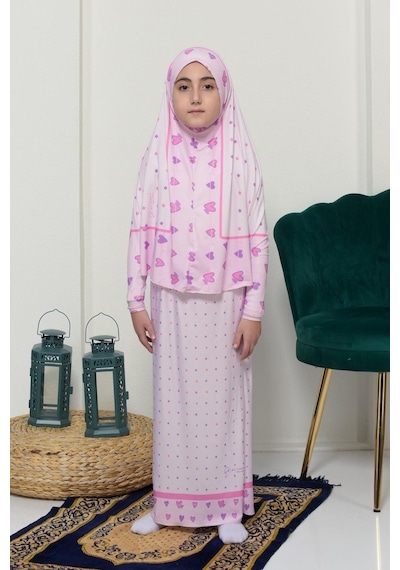 Çocuk Namaz Takımı Pratik İki Parça Desenli Kollu Tak Çıkar Başörtülü Likralı Tesettür Elbise 6-12 Yaş 901-0201
