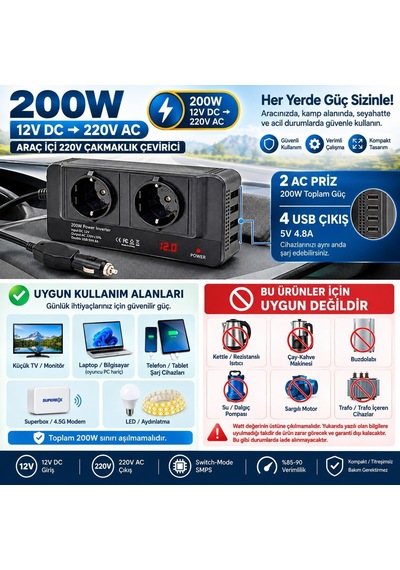 Techmore 200 Watt 12 Volt To 220 Volt Cakmaktan Çevirici Socket Converter Modified Sinus Invert