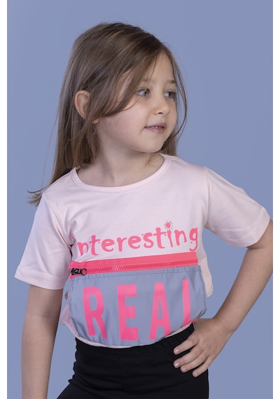 Toontoy Kids Toontoy Kız Çocuk Crop Model Cebi Reflektör Detaylı Baskılı Tişört Pudra