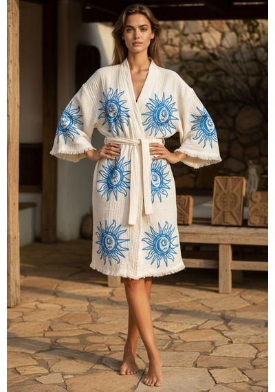Varol Organik %100 Pamuk Kimono Yaka Sabahlık Bornoz - Heliona V2 Mavi