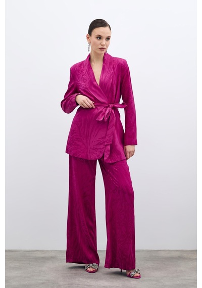 Sateen Yüksek Bel Desenli Pantolon - Fuşya-135703 Fuşya